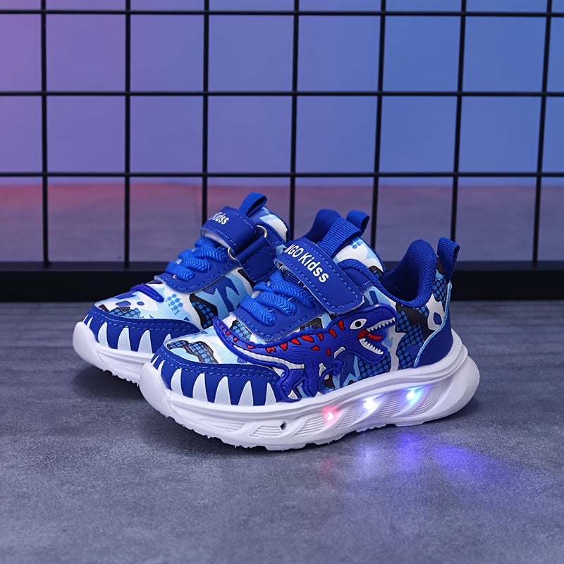 MGO Kidss new dinosaur sports shoes in spring and autumn, with LED lights, artificial  surface boy shoes, bright sports shoes, boy dinosaur shoes, spring and autumn cartoon boy sports shoes, flashing lights suitable for 1-6 y
