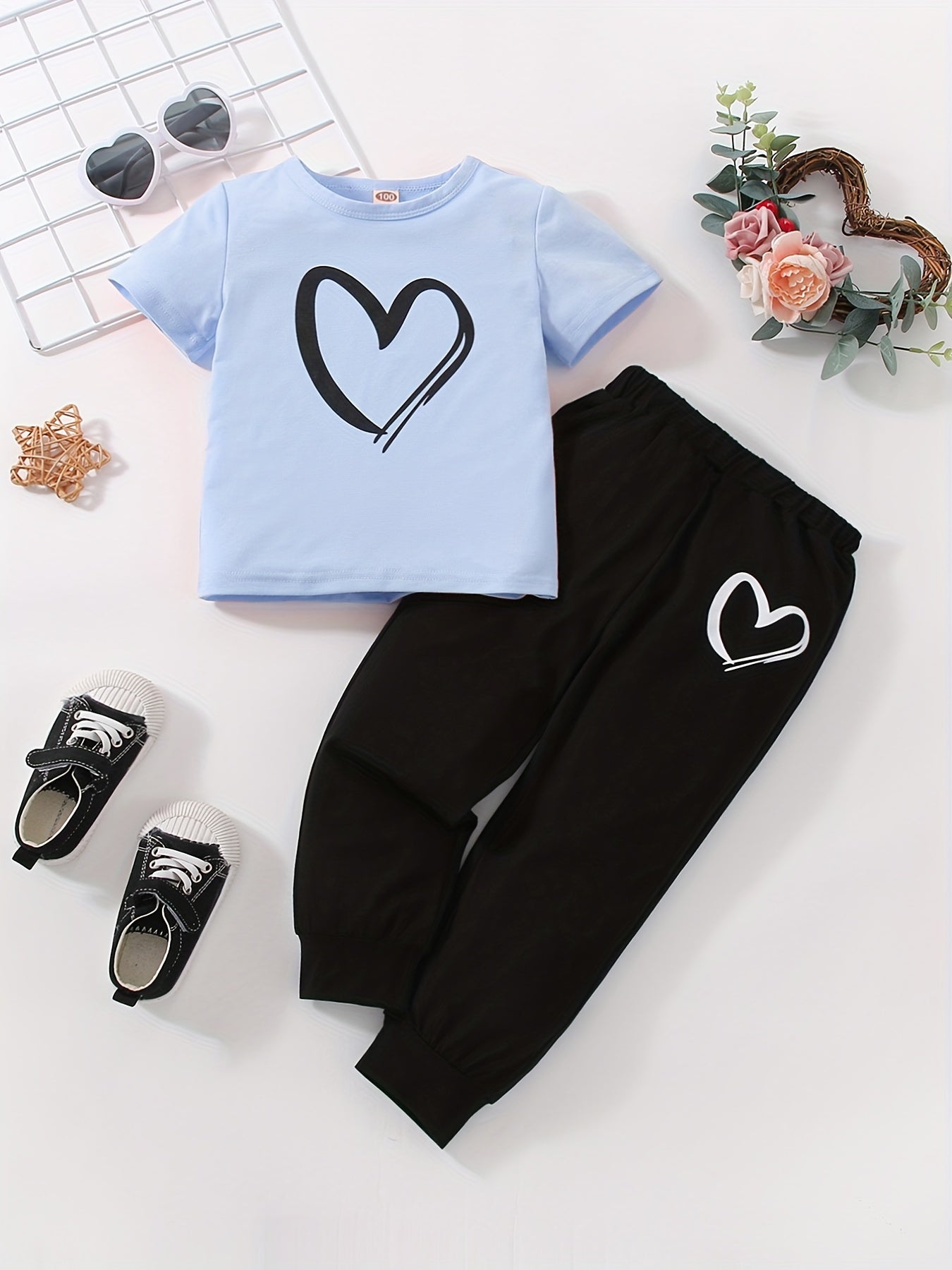 JOPGEEY Girls Heart Print 2pc T Shirt And Sweatpants Set