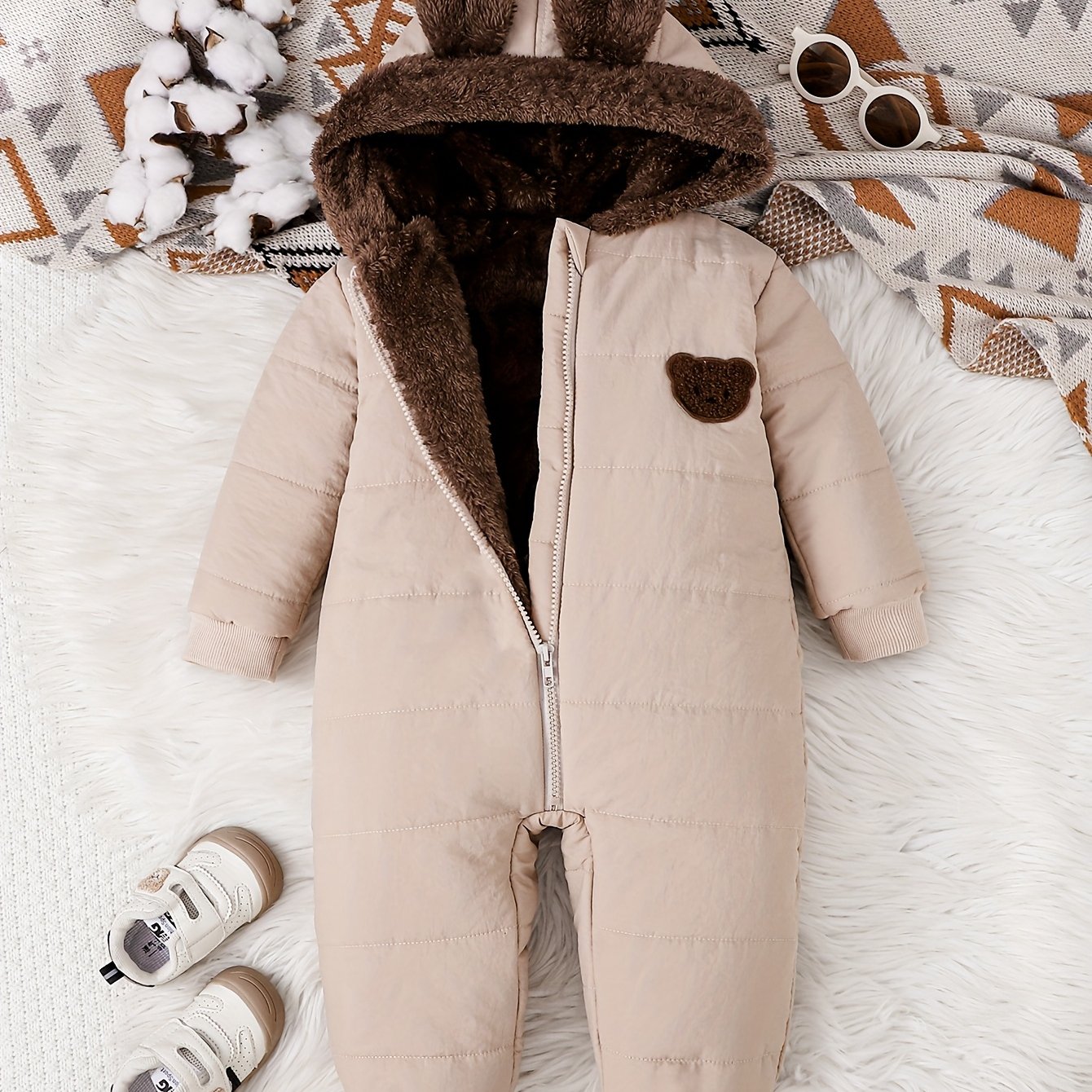 Baby Boy Winter Plush Hooded Jumpsuit for Outdoors