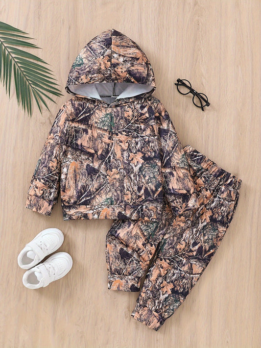 Boy's Camo Leaves Print Hooded Outfit Set