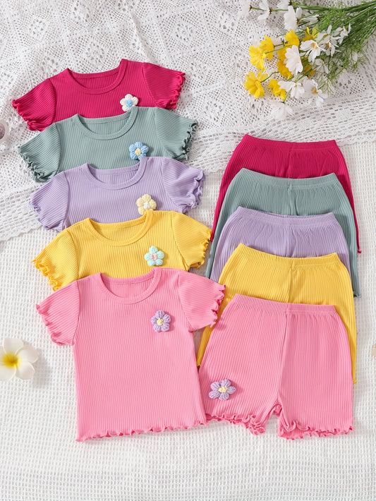 Girls Summer 10pc Set With Floral Embroidery Tee And Shorts