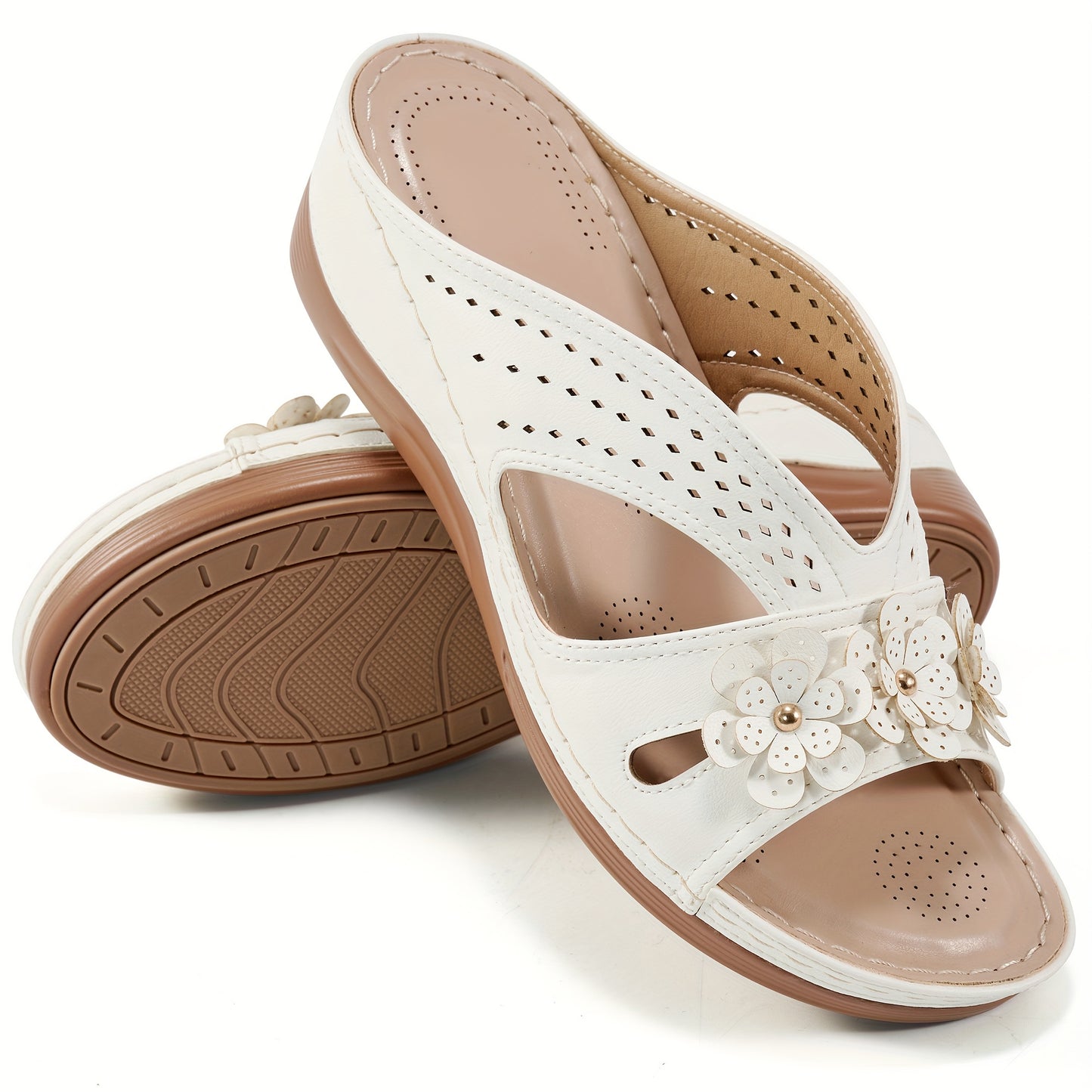 ECETANA Womens Wedge Sandals Floral Cutout Slip On Comfort