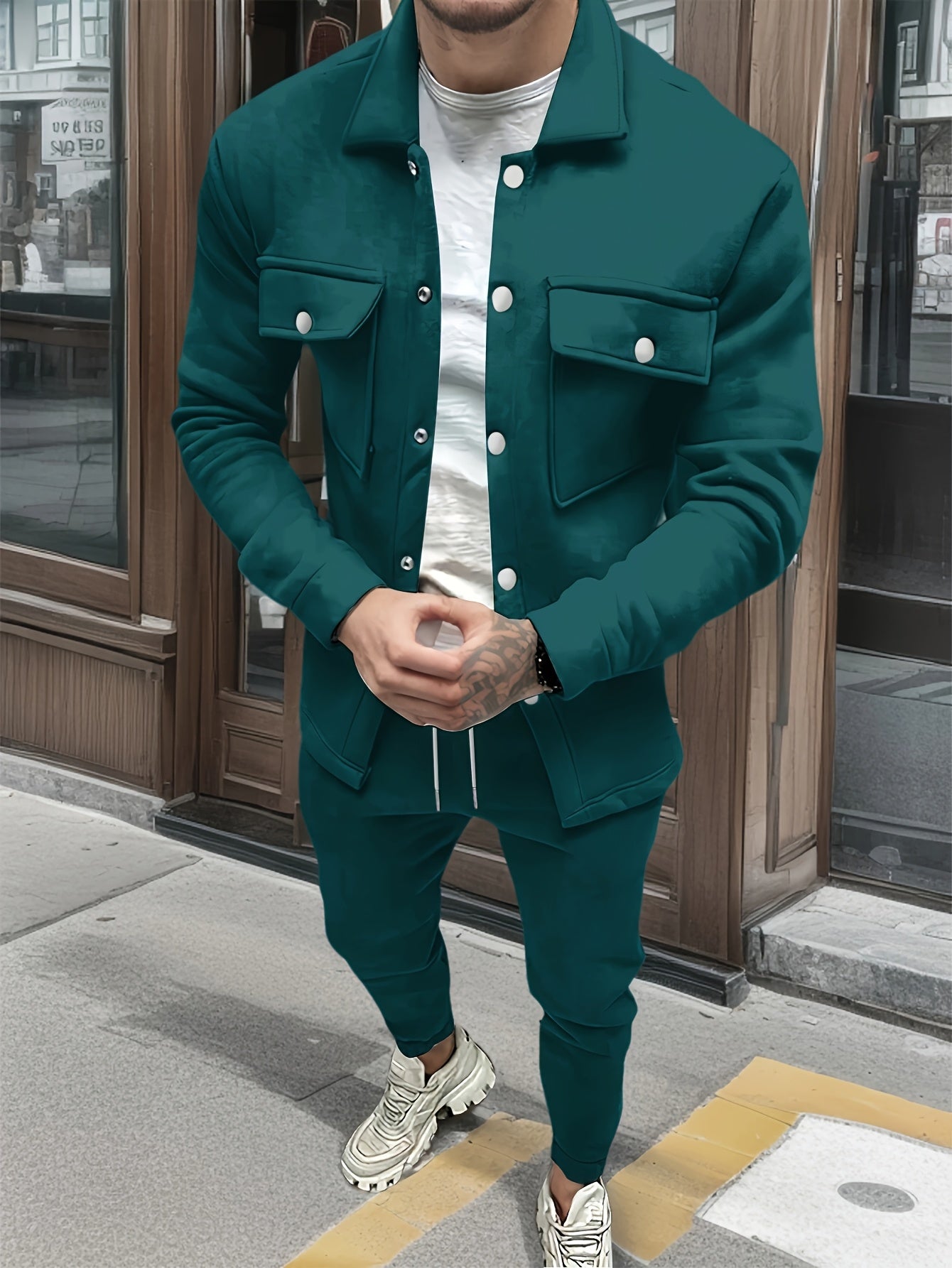 Men's Casual Polyester Suit Set Jacket And Pants Ensemble