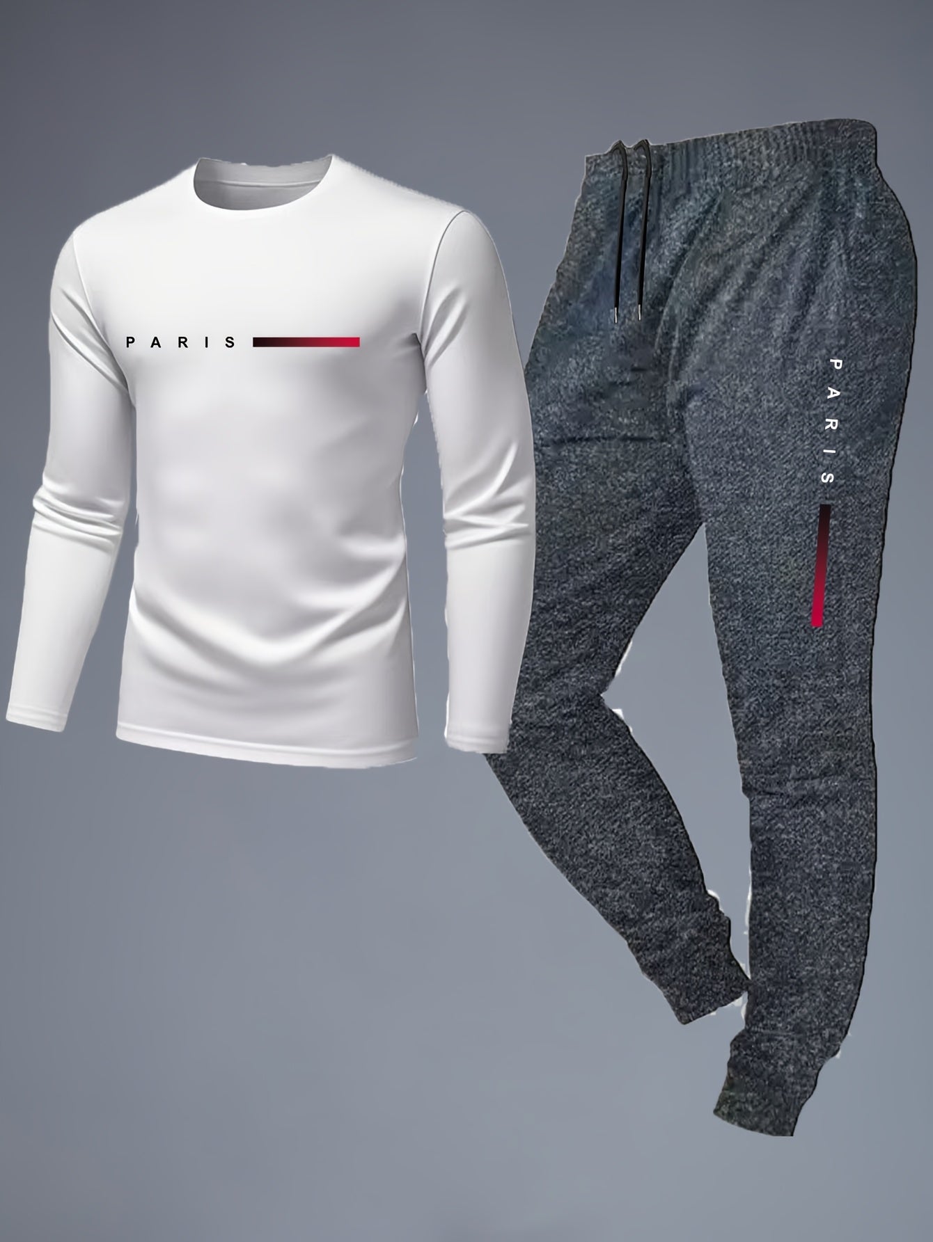 Men'S Casual Athletic Set - Red Long Sleeve T-Shirt with "PARIS" Logo & Black Joggers, Comfortable Polyester Blend, Perfect for Home or Gym, Gym Apparel|Casual Style|Polyester Blend