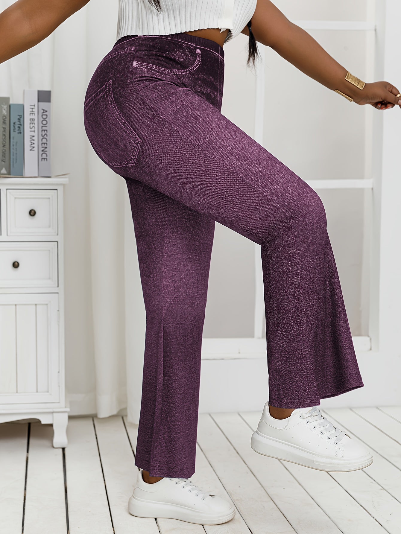 Plus Size, [Denim Print/Imitation Denim] Women's Plus Size High-Waisted Light Wash Blue Distressed All-Over Print Wide-Leg Tapered Bell-Bottom Jeans - Stretchy Comfortable Loose-Fit Trousers with Faux Pockets, Machine Washabl