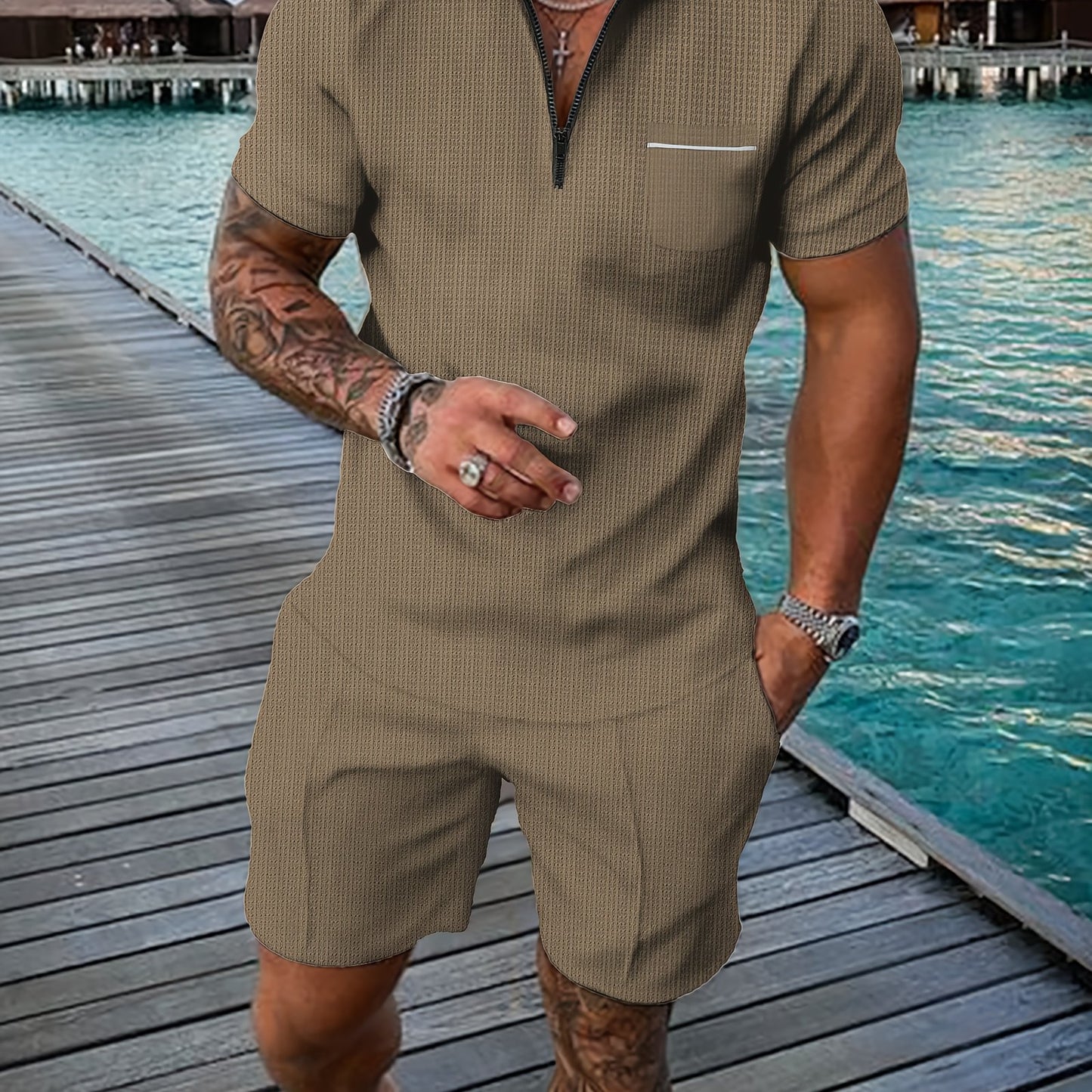 Men's Summer Casual Polo Shirt And Shorts Set With Pocket