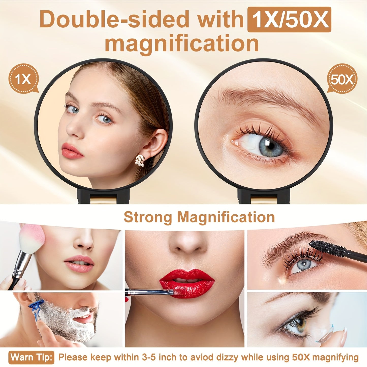 50x Magnifying Mirror with Dual-Sided 1X/50X Magnification - Portable Handheld Makeup Mirror with 360° Adjustable Handle, Foldable Travel Design, No Battery Needed - for Professional Makeup, Facial Hair, Eyebrows, Blemishes