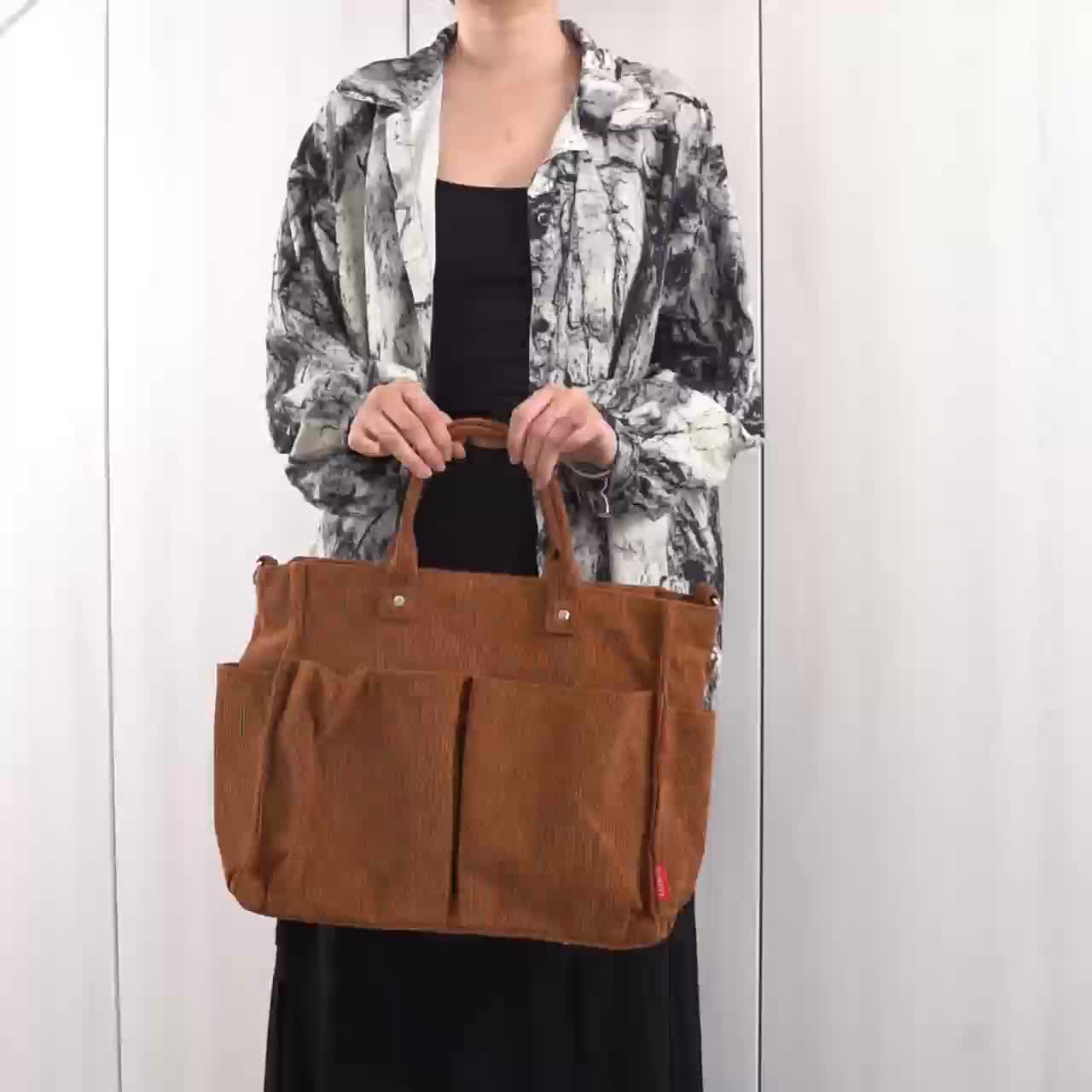 Chic Corduroy Tote Bag for Women - Multi-Pocket, Thickened Design with Striped Pattern, Black | Casual & Artistic Crossbody Shoulder Handbag, Harajuku, Autumn Winter, Student