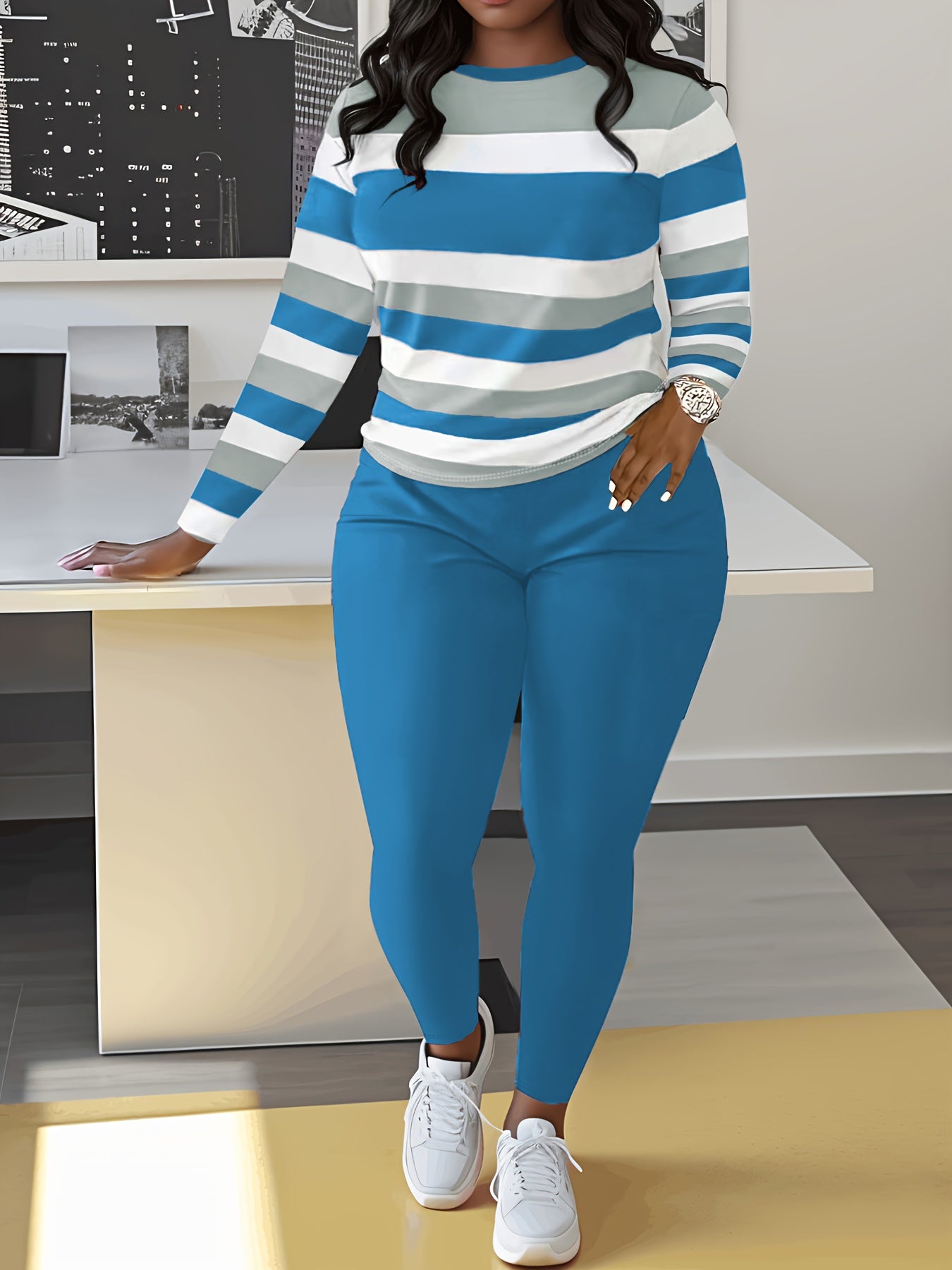Two-piece Slim Matching Set: Long Sleeve Crew Neck Striped Color Block T-shirt & Solid Elastic Waist Pants Outfits for Women