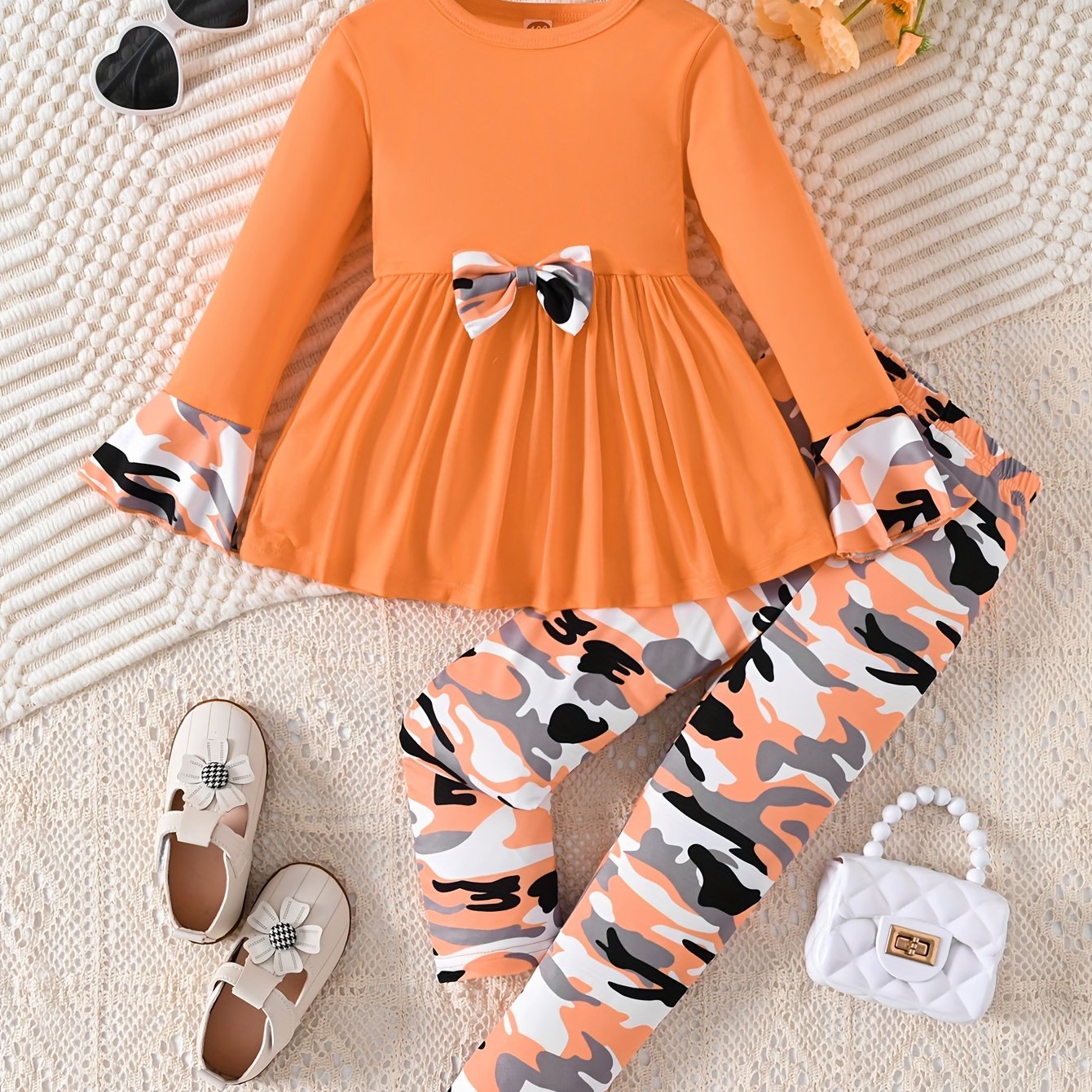 Girls Camouflage Bow Tie Flared Dress and Print Pants Set