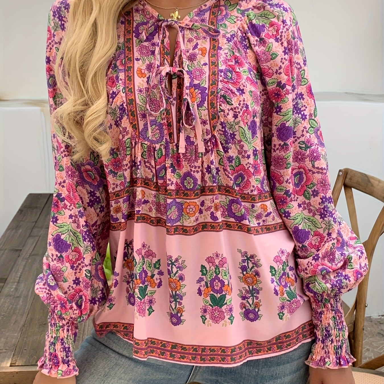 Floral Print V Neck Blouse With Drawstring Long Sleeve