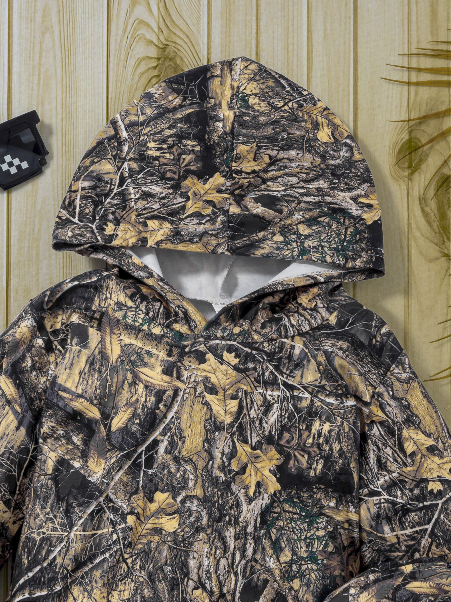 Boy's Camo Leaves Print Hooded Outfit Set