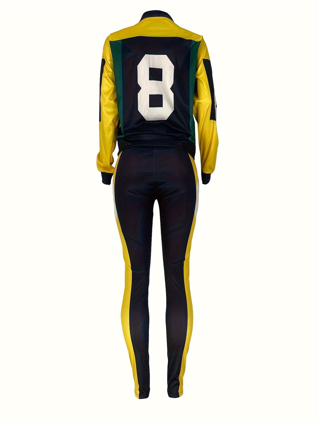 Color Block Two-piece Set, Casual Zip Up Jacket & Pants Outfits For Fall & Winter, Women's Clothing