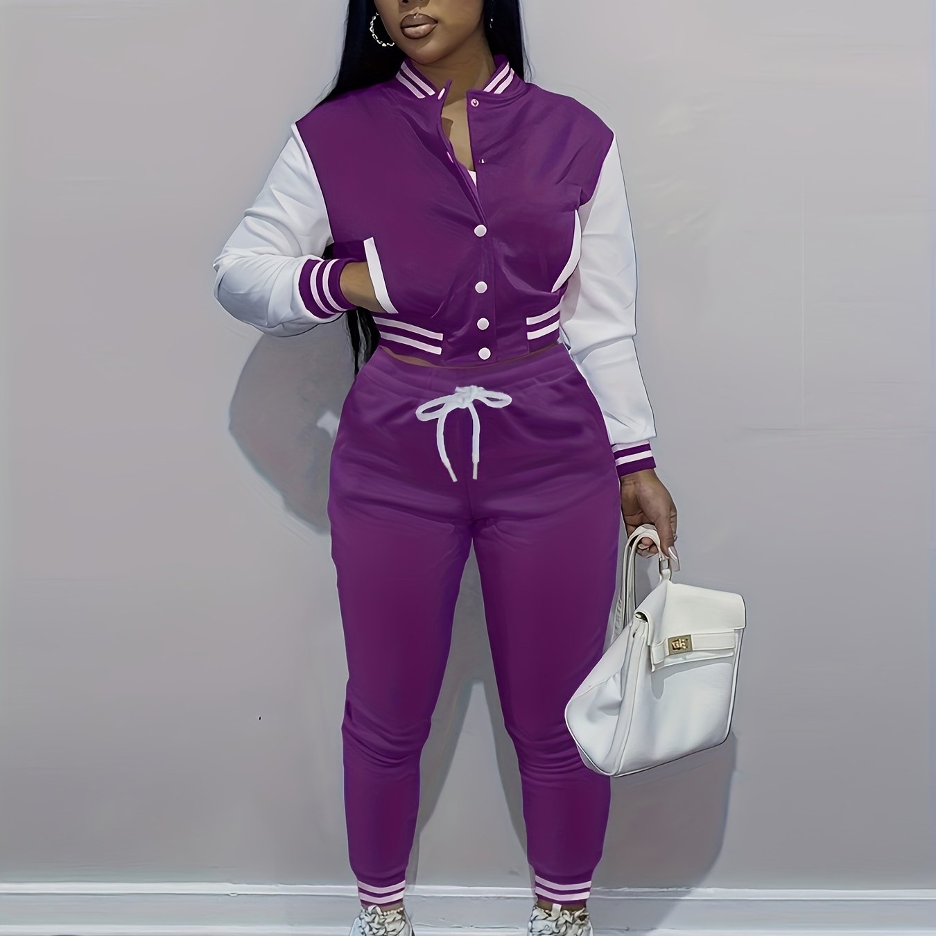 [Casual Baseball Jacket Set] Women's Casual Two-Piece Set - Solid Color Baseball Jacket & Pants, Long Sleeve, Regular Fit, Single-Breasted Buttons | Casual Style