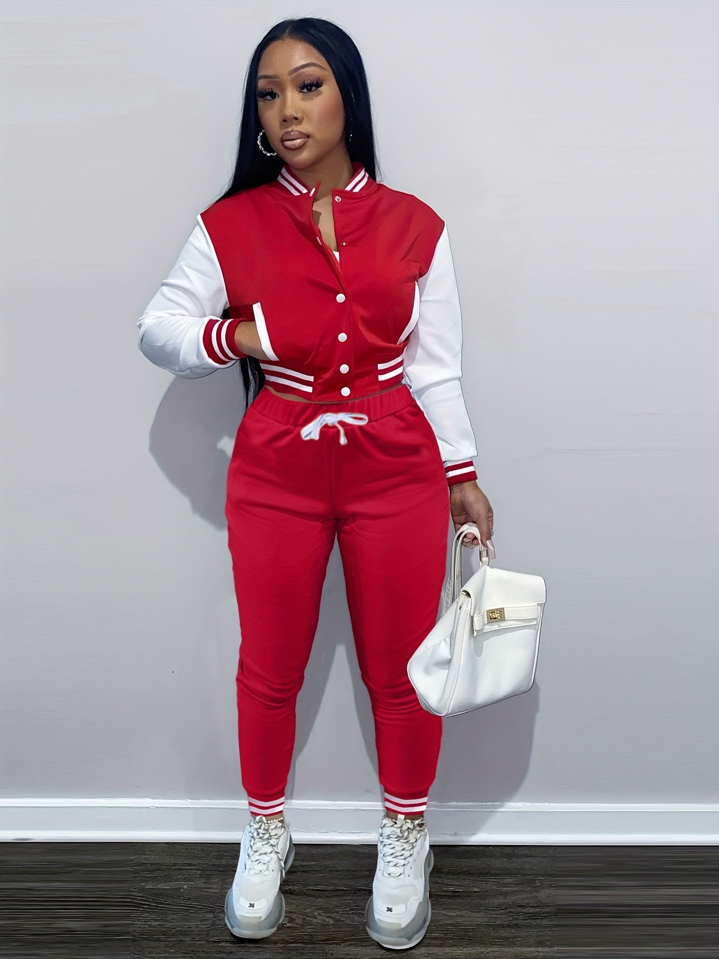 [Casual Baseball Jacket Set] Women's Casual Two-Piece Set - Solid Color Baseball Jacket & Pants, Long Sleeve, Regular Fit, Single-Breasted Buttons | Casual Style