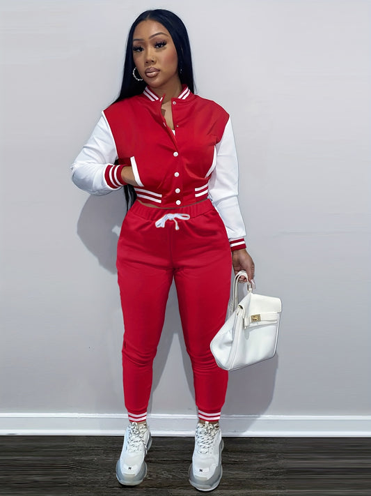 [Casual Baseball Jacket Set] Women's Casual Two-Piece Set - Solid Color Baseball Jacket & Pants, Long Sleeve, Regular Fit, Single-Breasted Buttons | Casual Style