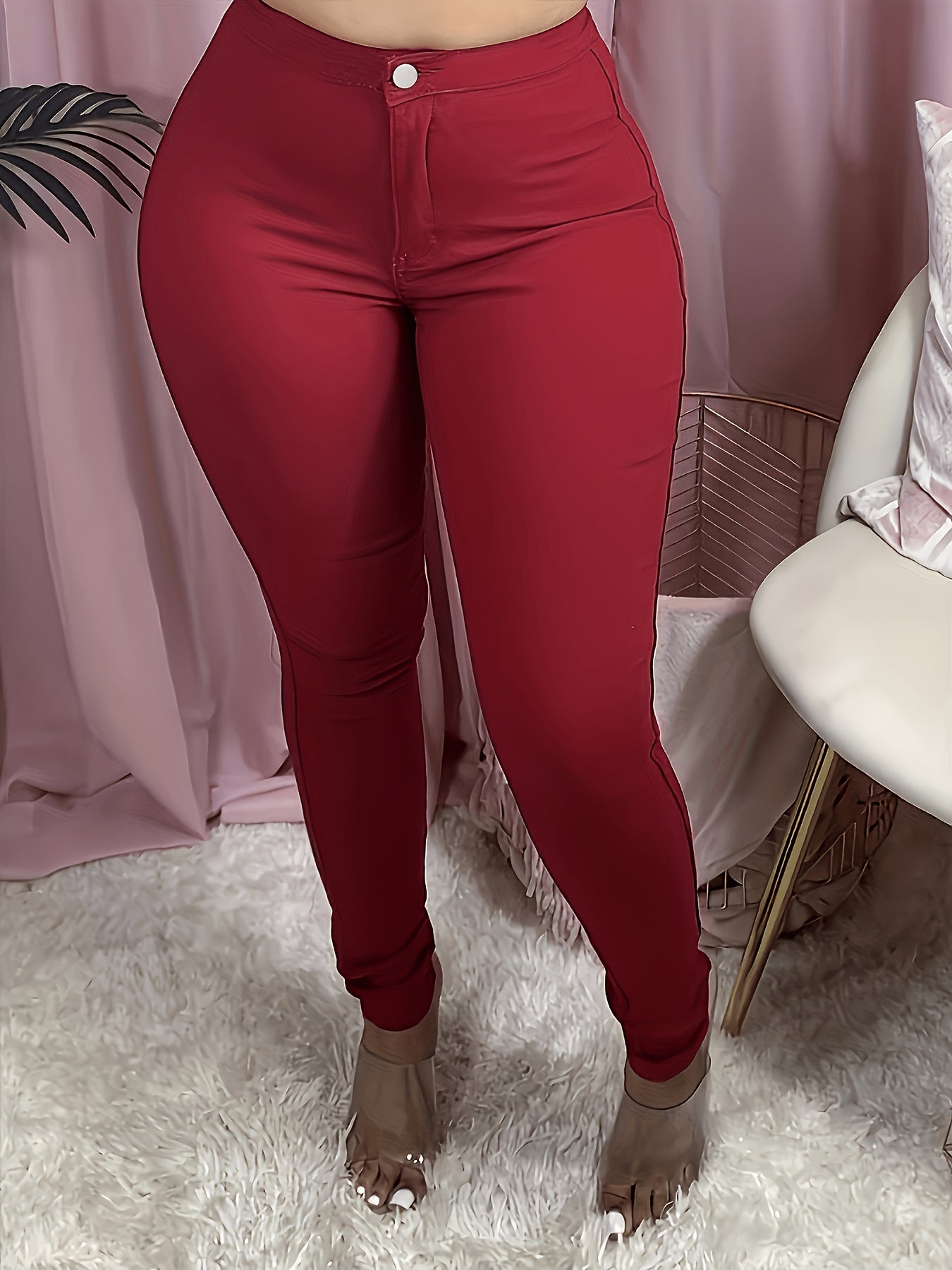 [1pc Women'S Sexy Skinny Jeans] Women'S Sexy Skinny Jeans, Viscose Blend Stretch Fabric, Solid Color, with Button Detail, for Fall/Winter Woven Pants