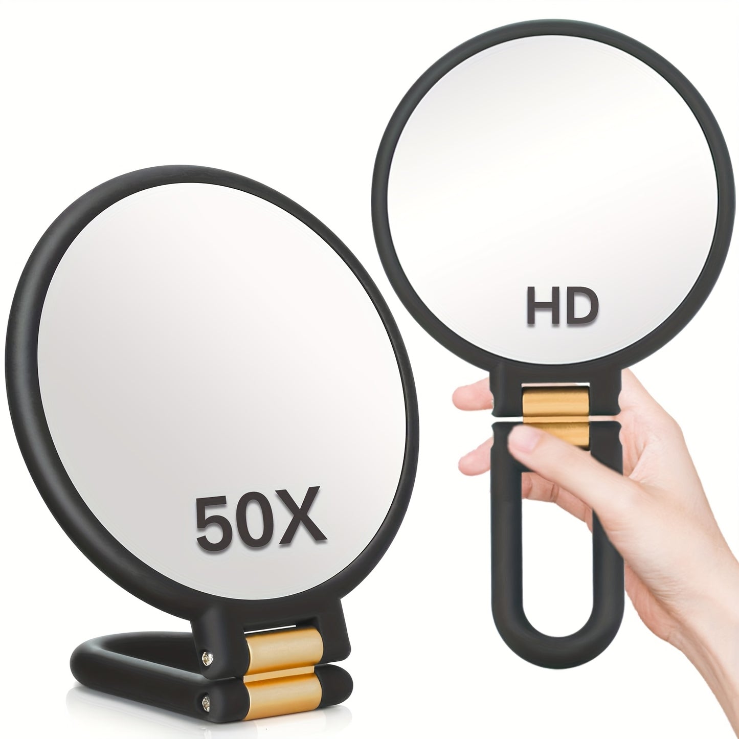 50x Magnifying Mirror with Dual-Sided 1X/50X Magnification - Portable Handheld Makeup Mirror with 360° Adjustable Handle, Foldable Travel Design, No Battery Needed - for Professional Makeup, Facial Hair, Eyebrows, Blemishes
