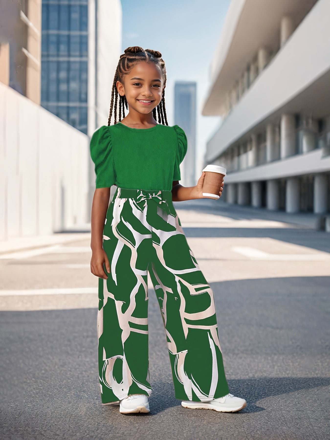 Floral Print Bubble Sleeve Top And Wide Leg Kids Set
