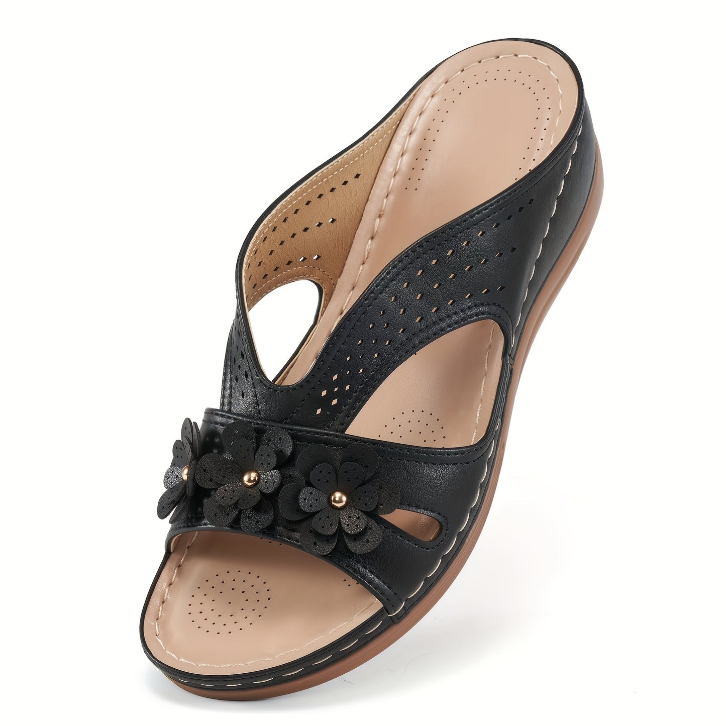 ECETANA Womens Wedge Sandals Floral Cutout Slip On Comfort