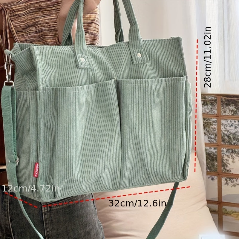Chic Corduroy Tote Bag for Women - Multi-Pocket, Thickened Design with Striped Pattern, Black | Casual & Artistic Crossbody Shoulder Handbag, Harajuku, Autumn Winter, Student