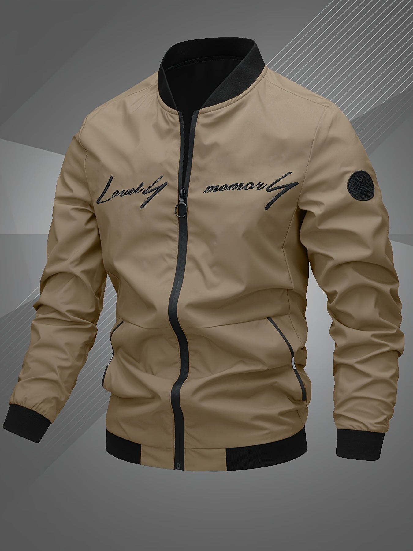Mens Letter Embroidered Casual Bomber Jacket Regular Fit