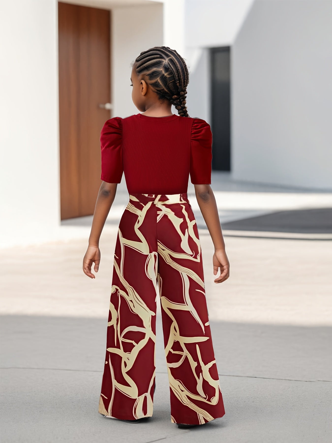 Floral Print Bubble Sleeve Top And Wide Leg Kids Set