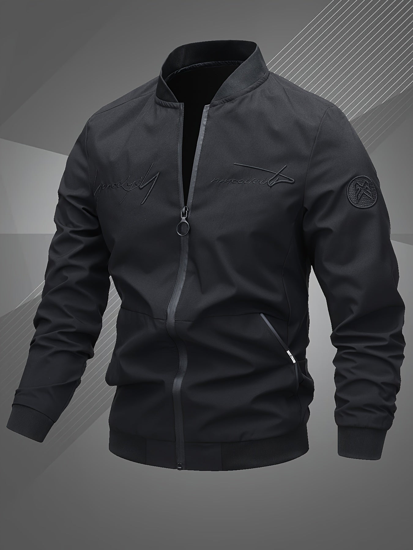 Mens Letter Embroidered Casual Bomber Jacket Regular Fit