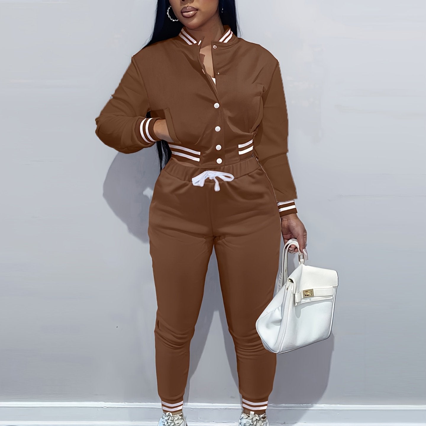 [Casual Baseball Jacket Set] Women's Casual Two-Piece Set - Solid Color Baseball Jacket & Pants, Long Sleeve, Regular Fit, Single-Breasted Buttons | Casual Style