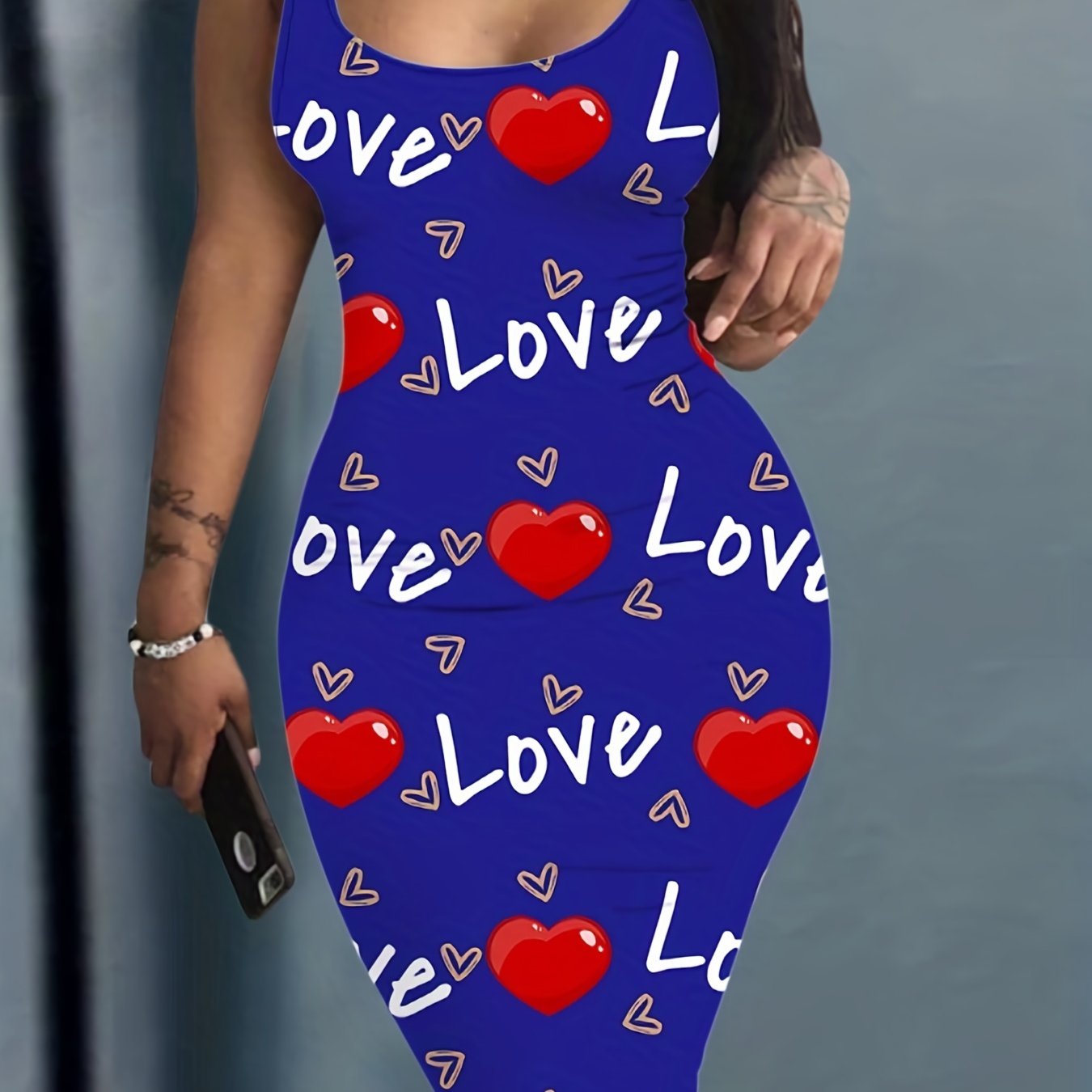 Heart And Letter Print Tank Dress Sleeveless U Neck Women