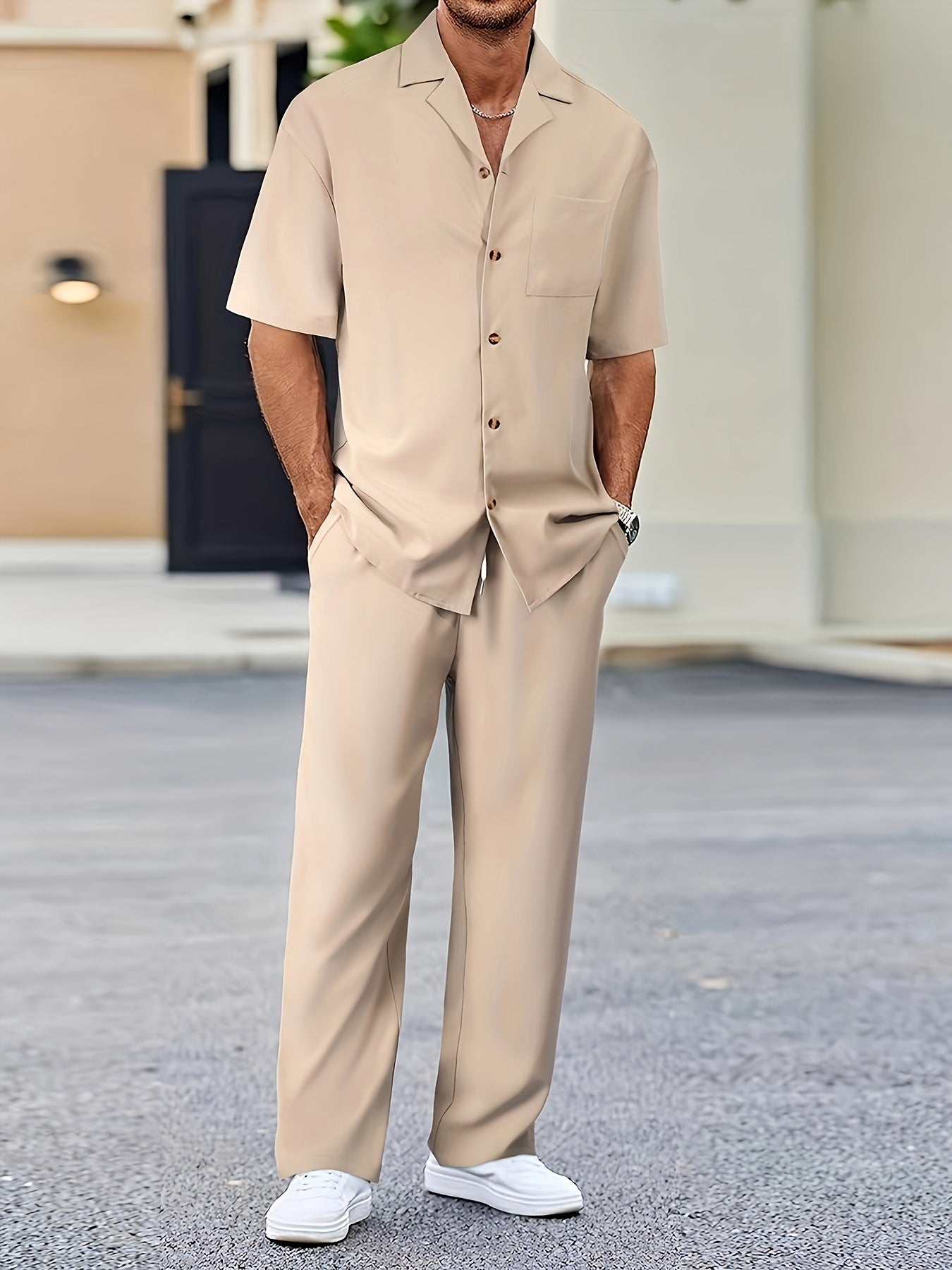 Machine Washable Polyester Men's Casual Suit-Inspired Short Sleeve Shirt & Loose Straight Pants Set