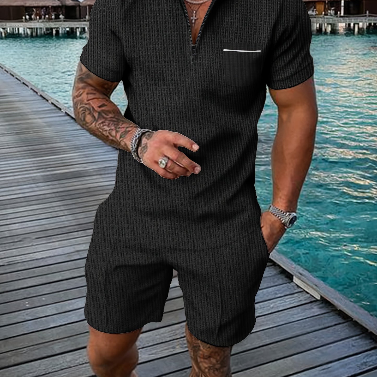 Men's Summer Casual Polo Shirt And Shorts Set With Pocket