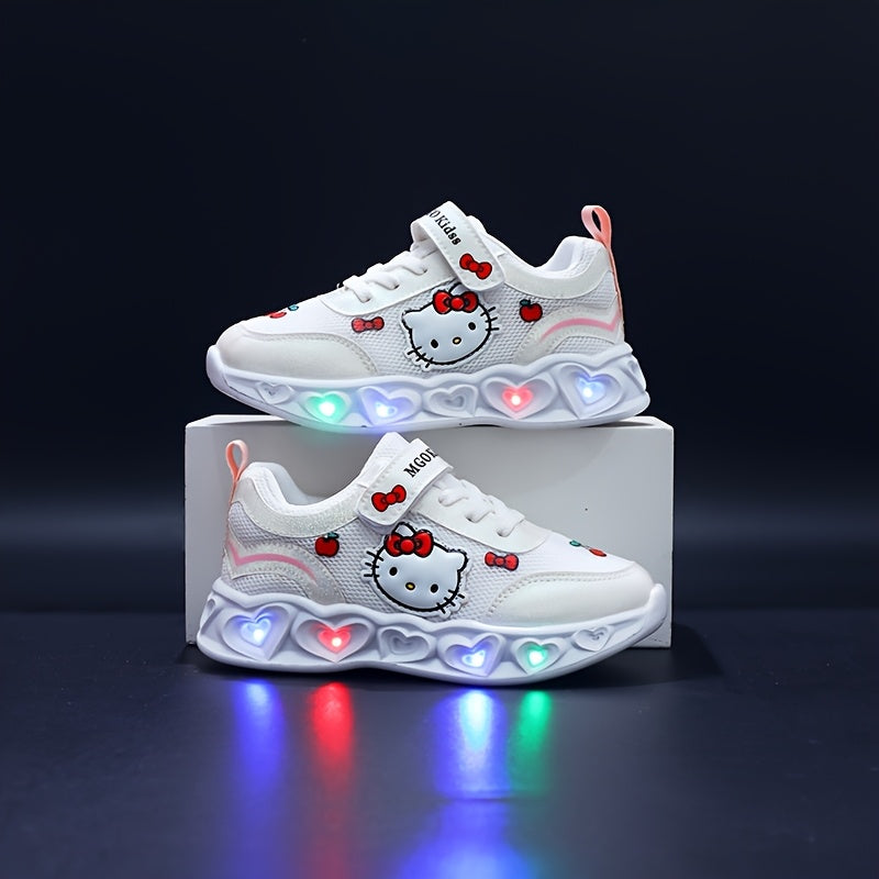 Girls' Glow-in-the-Dark Princess Sneakers with Lights - Pink & White Cartoon Design, Closure, Breathable Mesh Upper, Soft EVA Insole, Durable PVC Sole for Youngsters 1-6 Years, Spring Summer Casual Running Shoes, Shoes for Gi