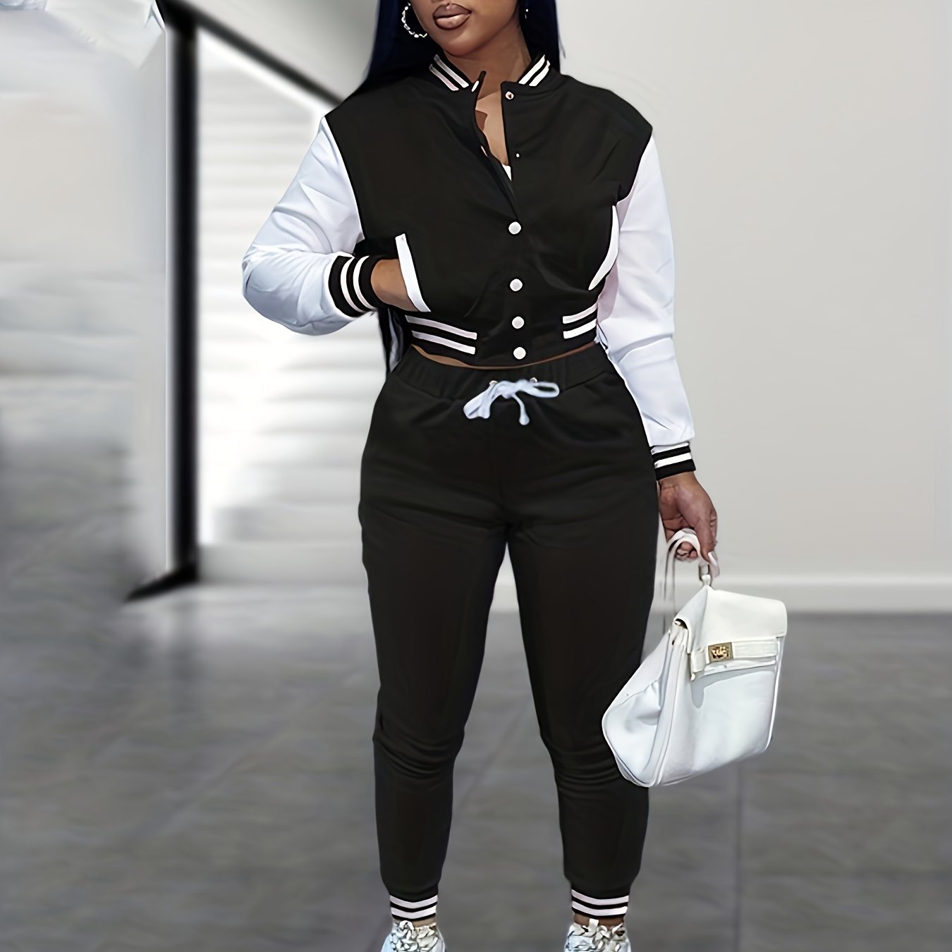 [Casual Baseball Jacket Set] Women's Casual Two-Piece Set - Solid Color Baseball Jacket & Pants, Long Sleeve, Regular Fit, Single-Breasted Buttons | Casual Style