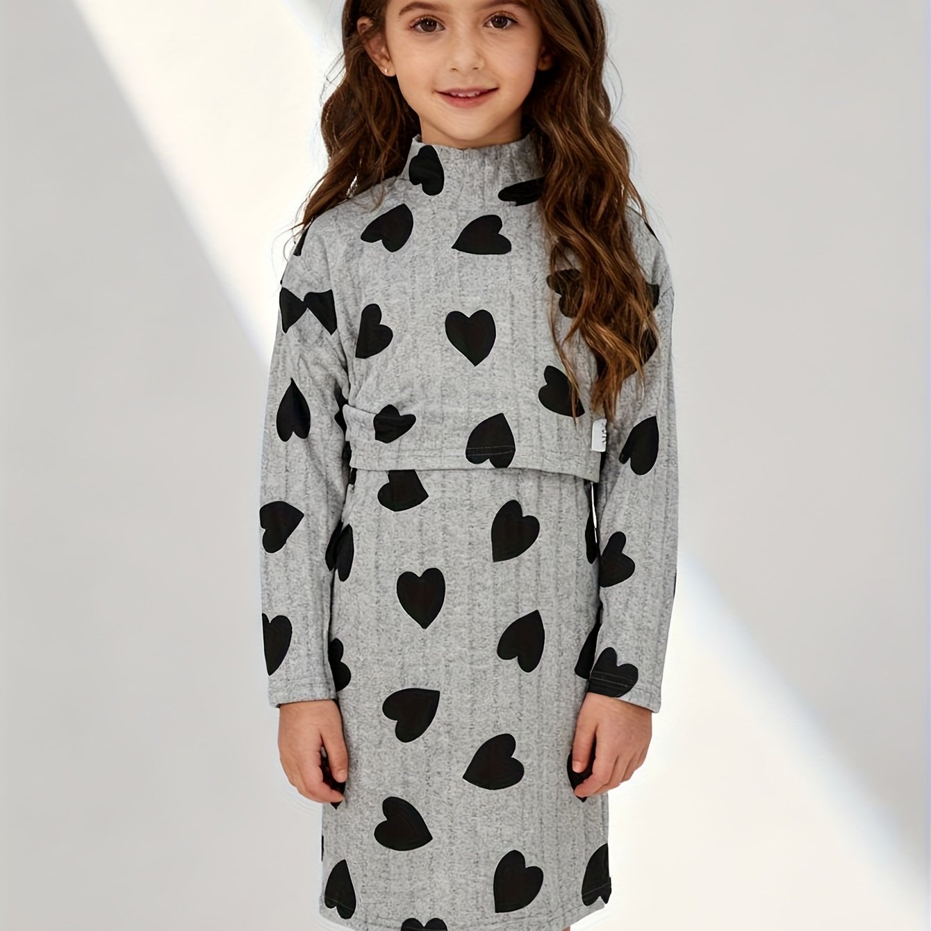 Girls Autumn Winter Heart Print High Neck Top Layered Dress