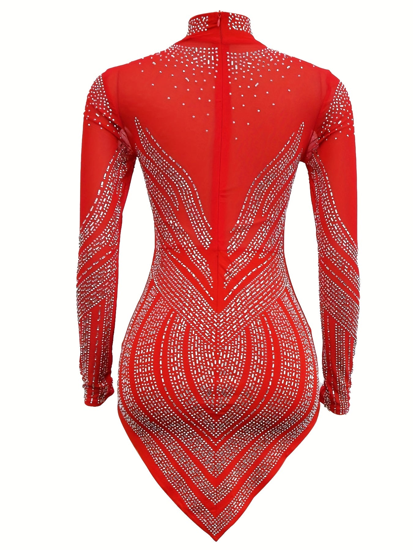 Rhinestone Semi-Sheer Dress High Neck Long Sleeve Bodycon Party Dress For Women