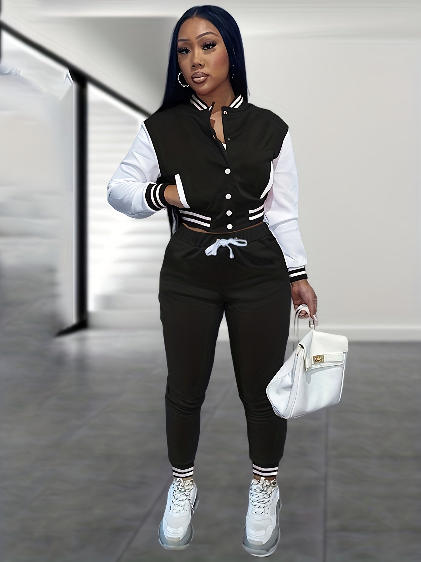 [Casual Baseball Jacket Set] Women's Casual Two-Piece Set - Solid Color Baseball Jacket & Pants, Long Sleeve, Regular Fit, Single-Breasted Buttons | Casual Style