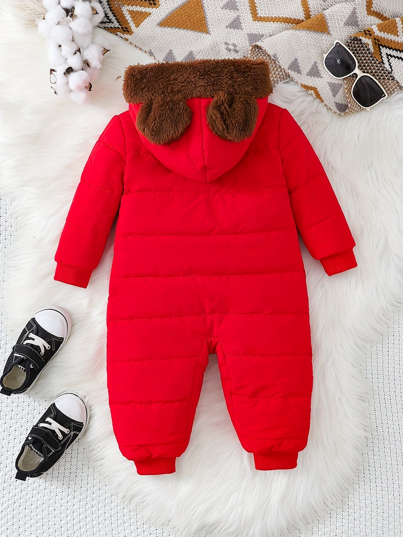 Baby Boy Winter Plush Hooded Jumpsuit for Outdoors