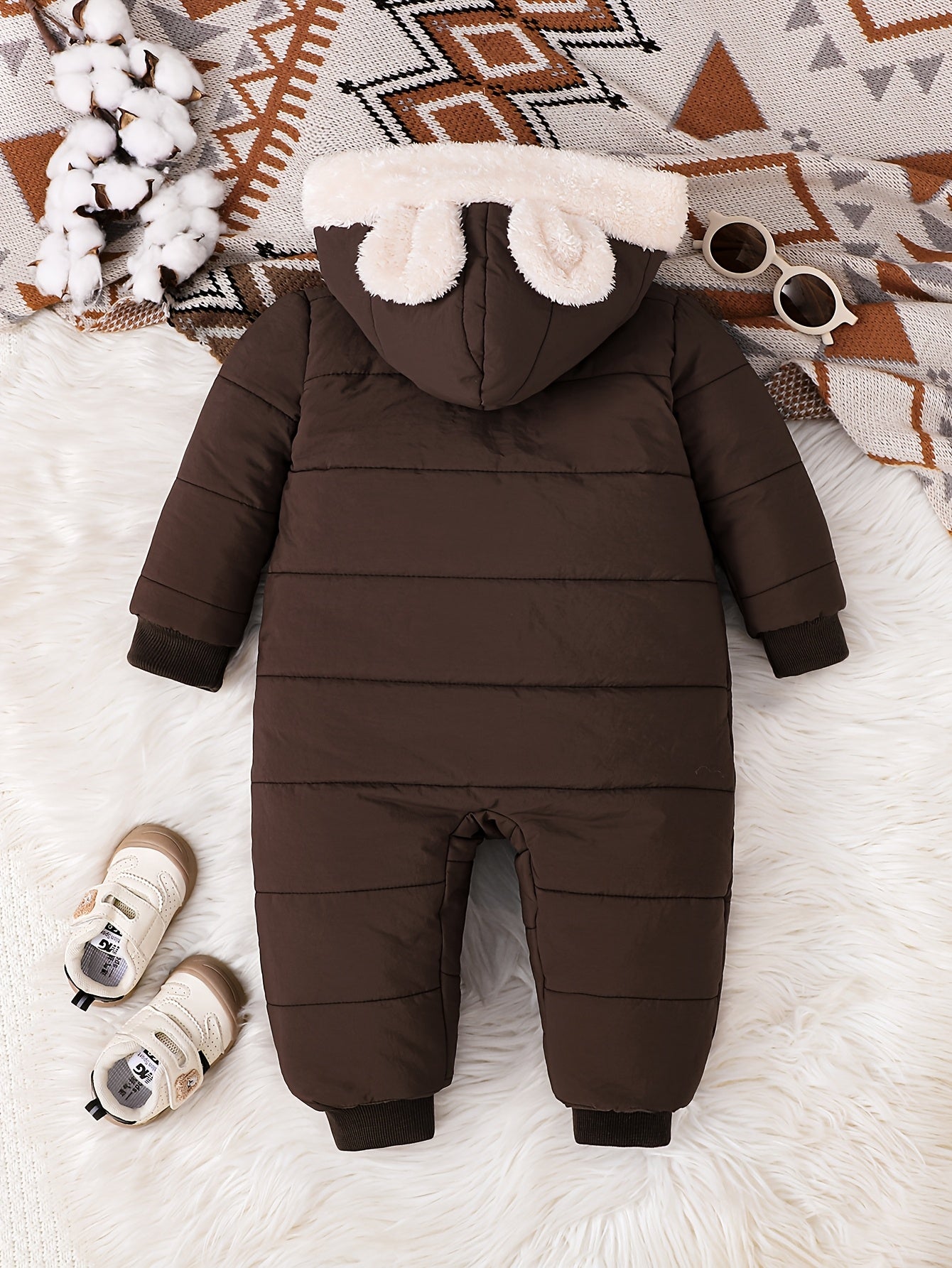 Baby Boy Winter Plush Hooded Jumpsuit for Outdoors