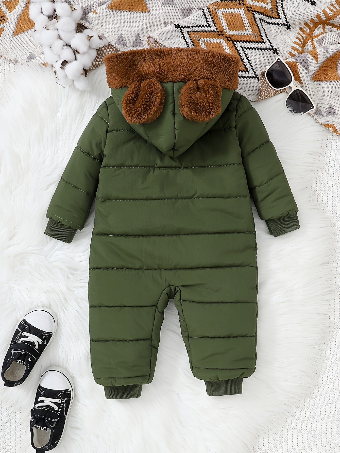 Baby Boy Winter Plush Hooded Jumpsuit for Outdoors