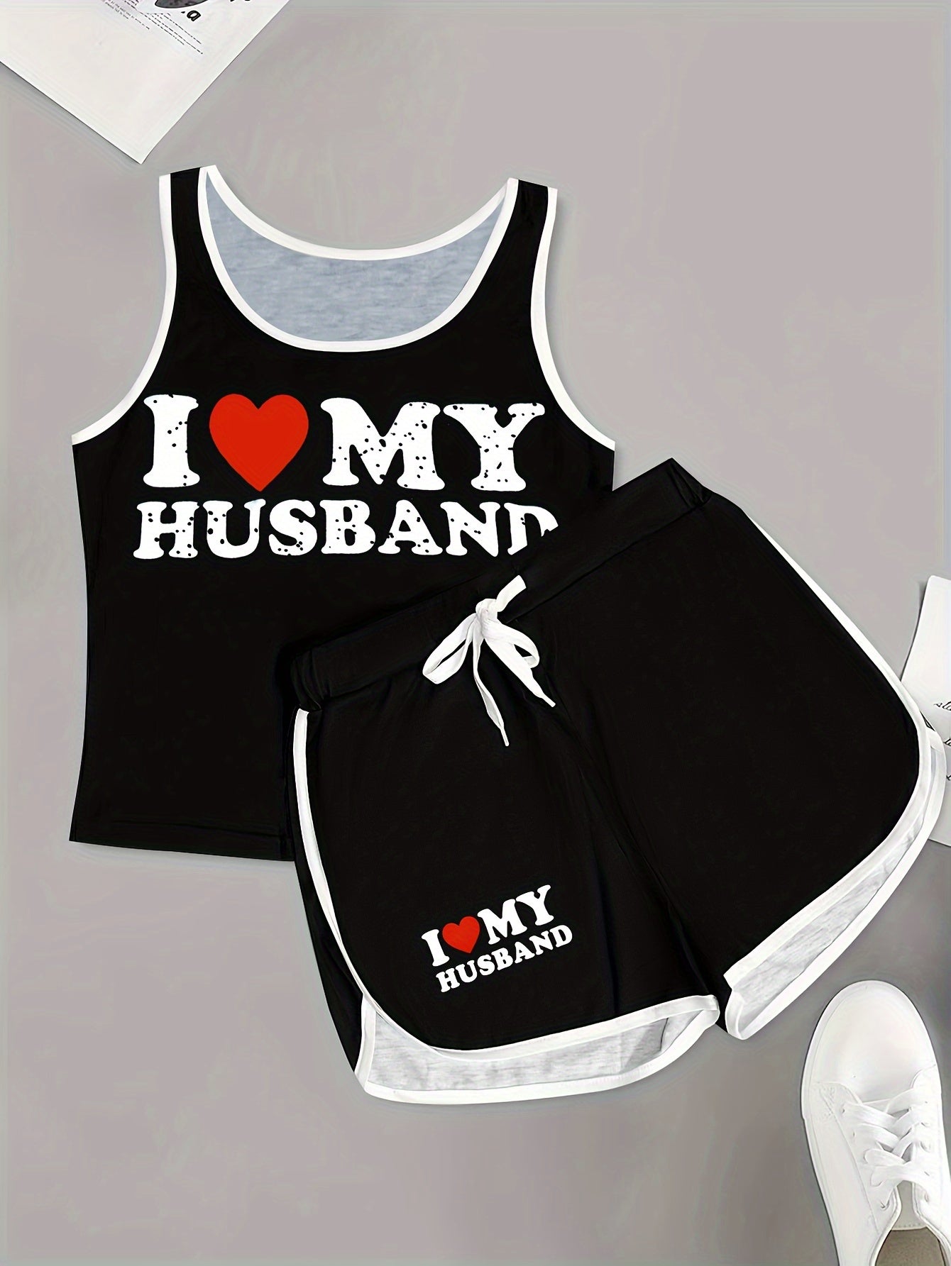 Heart Print Two-Piece Set With Contrast Trim Casual Womens Outfit