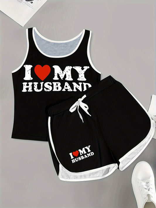 Heart Print Two-Piece Set With Contrast Trim Casual Womens Outfit