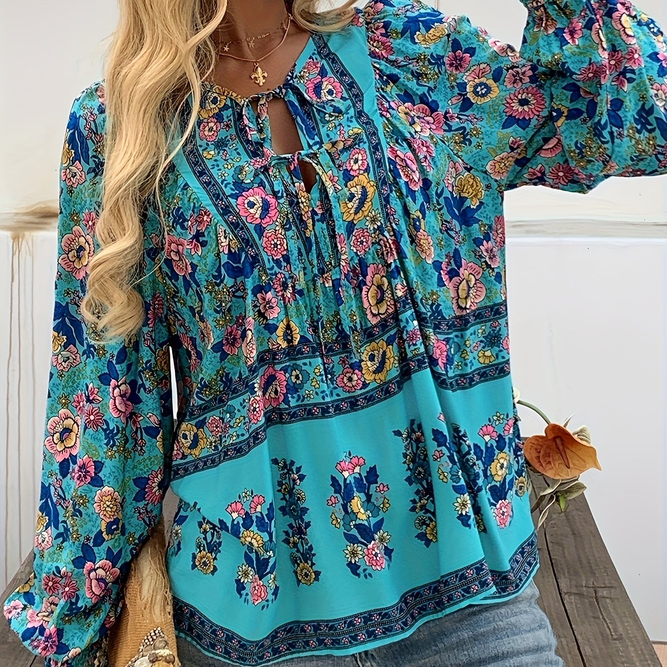 Floral Print V Neck Blouse With Drawstring Long Sleeve
