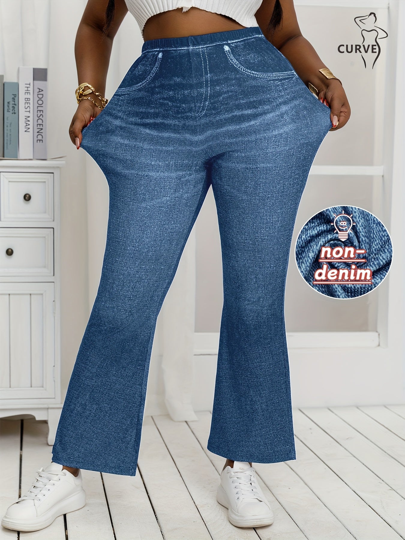 Plus Size, [Denim Print/Imitation Denim] Women's Plus Size High-Waisted Light Wash Blue Distressed All-Over Print Wide-Leg Tapered Bell-Bottom Jeans - Stretchy Comfortable Loose-Fit Trousers with Faux Pockets, Machine Washabl