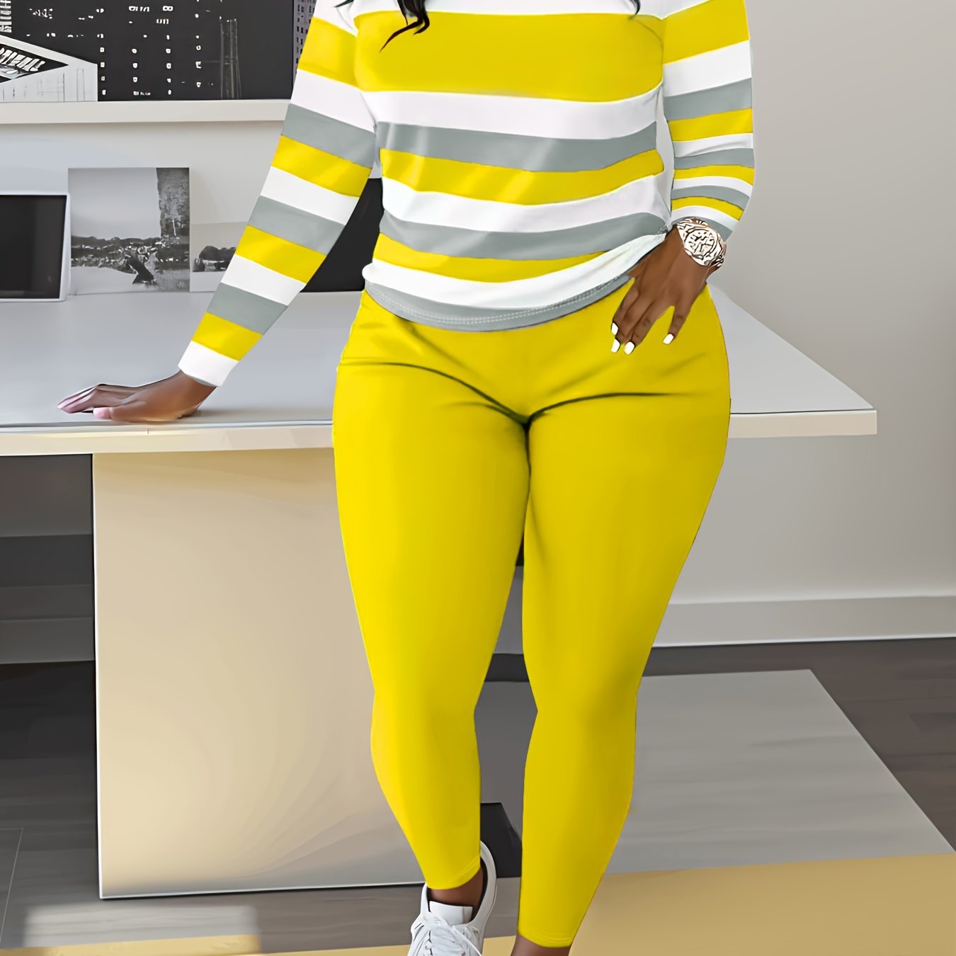 Two-piece Slim Matching Set: Long Sleeve Crew Neck Striped Color Block T-shirt & Solid Elastic Waist Pants Outfits for Women