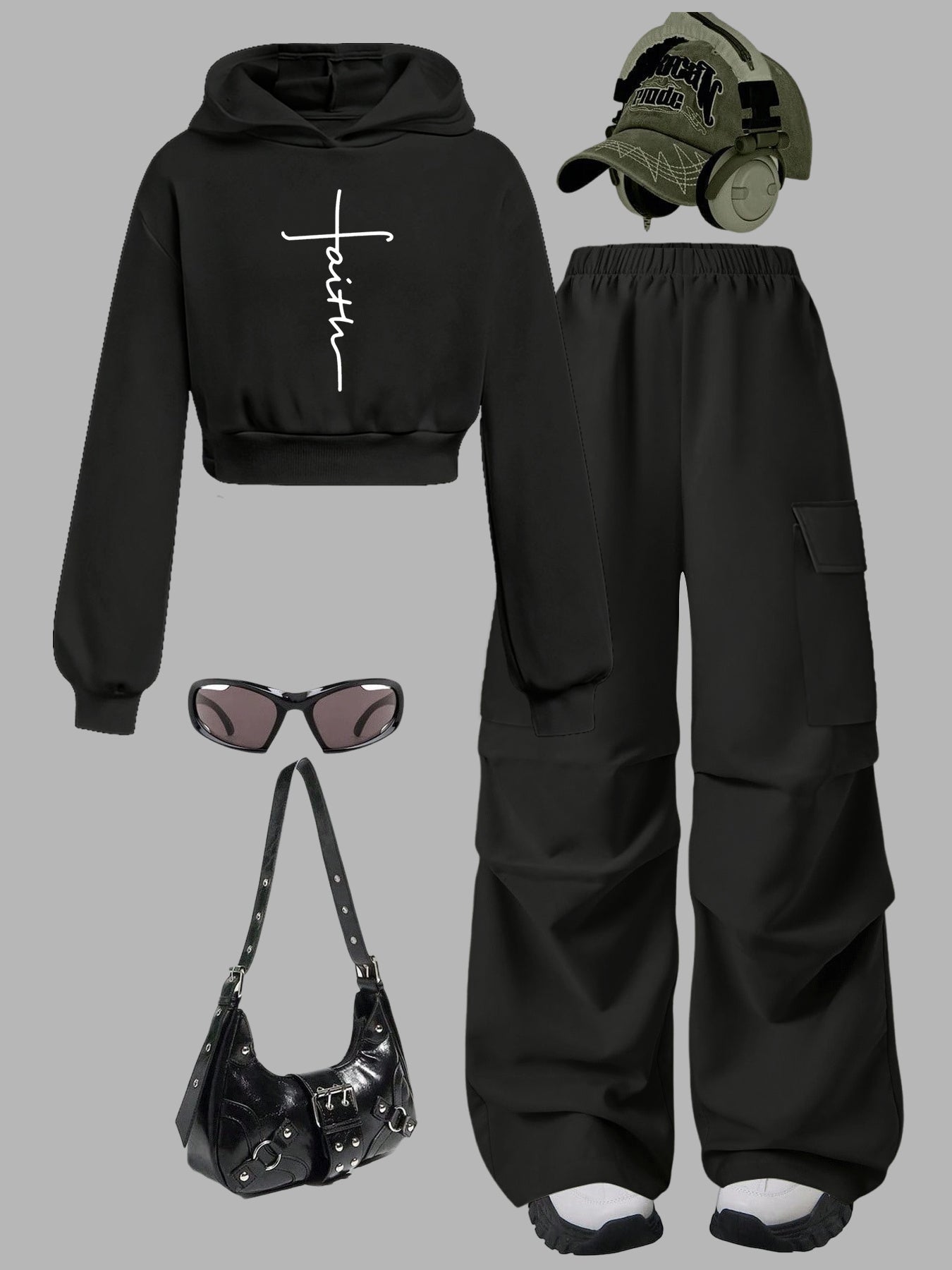 Minimalist Faith Cross Hoodie Set With Cargo Wide Leg Pants