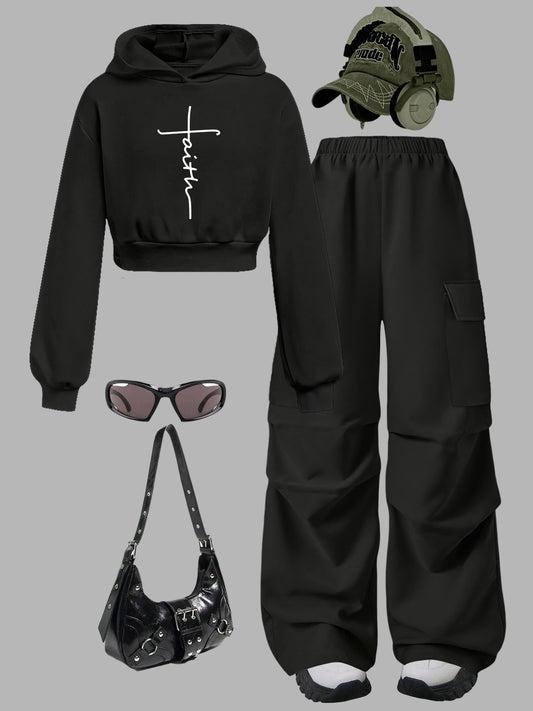 Minimalist Faith Cross Hoodie Set With Cargo Wide Leg Pants