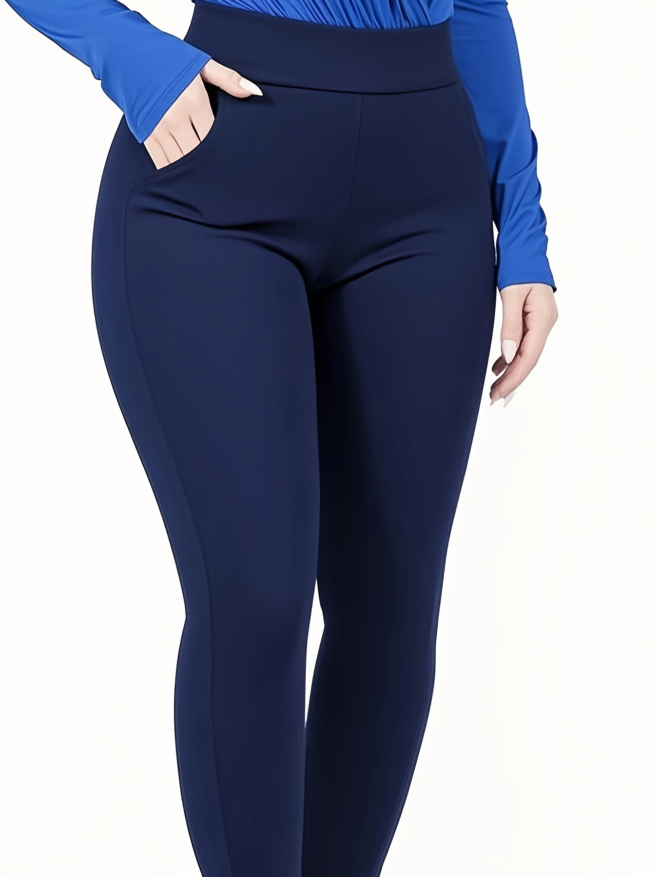 Plus Size - Women'S Plus Size High-Waist Stretchy Skinny Jeans with Pockets - Dark Blue Casual Tight Pants, Comfortable & Stylish for Casual Attire, High Waisted Jeans, Comfortable Clothing, Minimalist Design, Smooth Texture