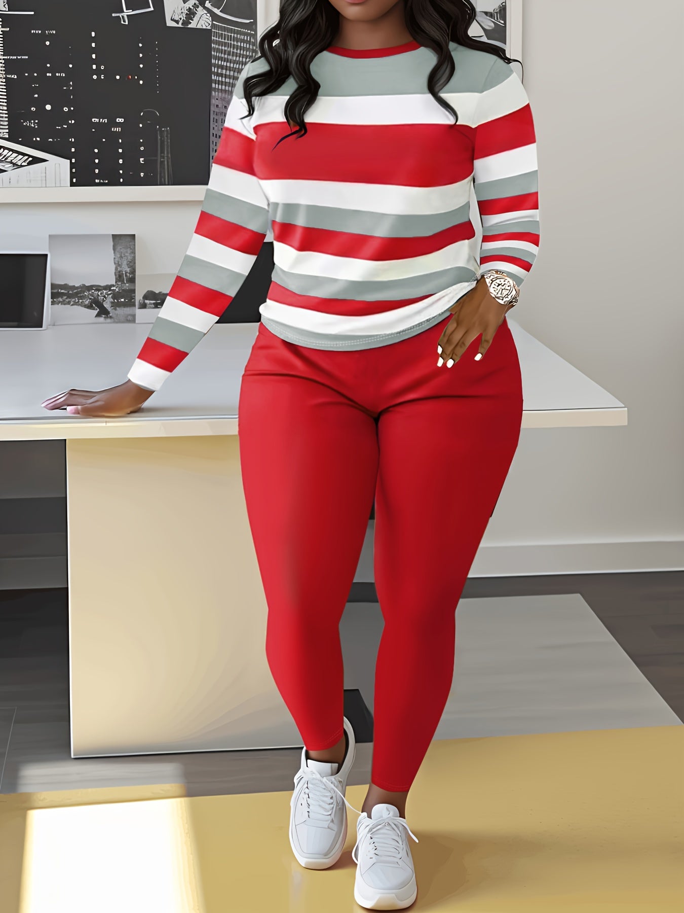 Two-piece Slim Matching Set: Long Sleeve Crew Neck Striped Color Block T-shirt & Solid Elastic Waist Pants Outfits for Women
