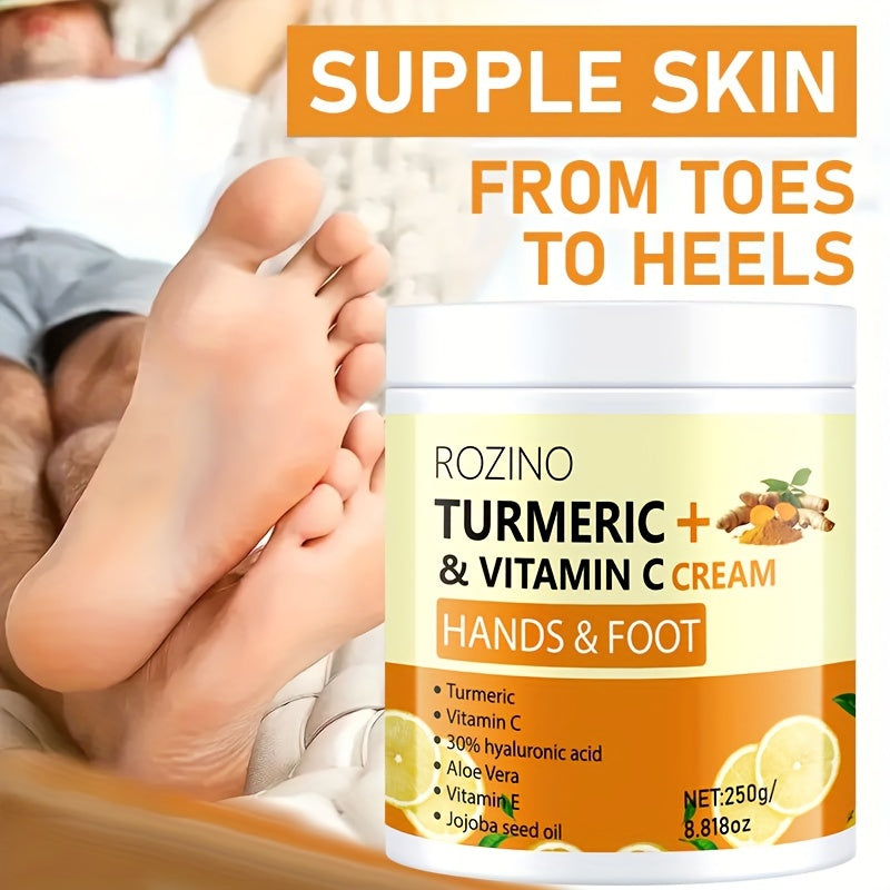 ROZINO Turmeric & Vitamin C Hand & Foot Cream, 10-in-1 Instant Hydration, Deep Moisturizing, Non-Greasy, Long-Lasting Moisture for All Light Beige Types, Unisex, Ideal for Dry Feet & Hands, Foot Moisturizer, Sleek Jar Design,
